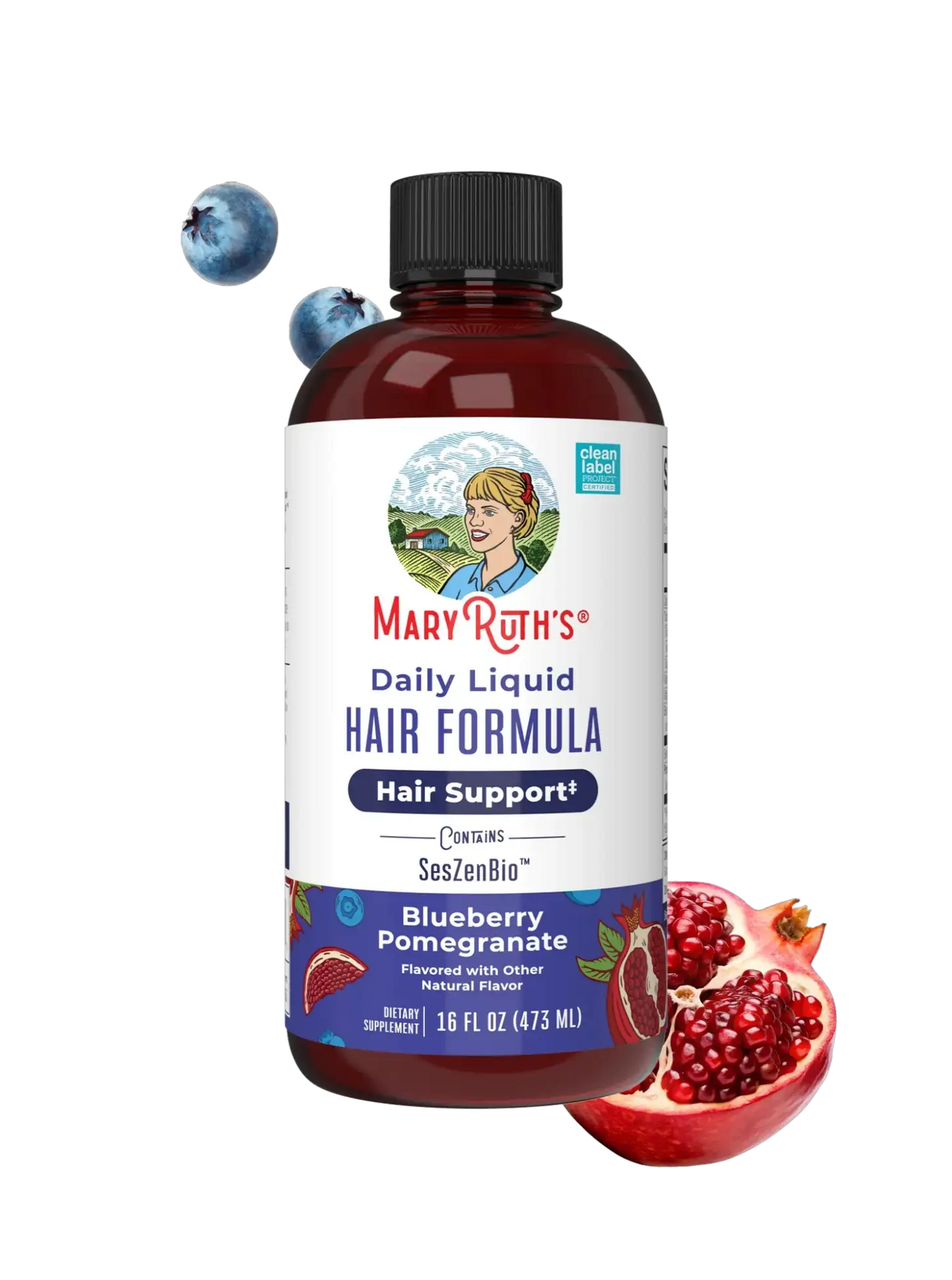 MaryRuth's Daily Liquid Hair Formula | Biotin + Vitamin C | Thicker, Stronger Hair, Skin & Nail Health | 16 FL Oz | Blueberry Pomegranate