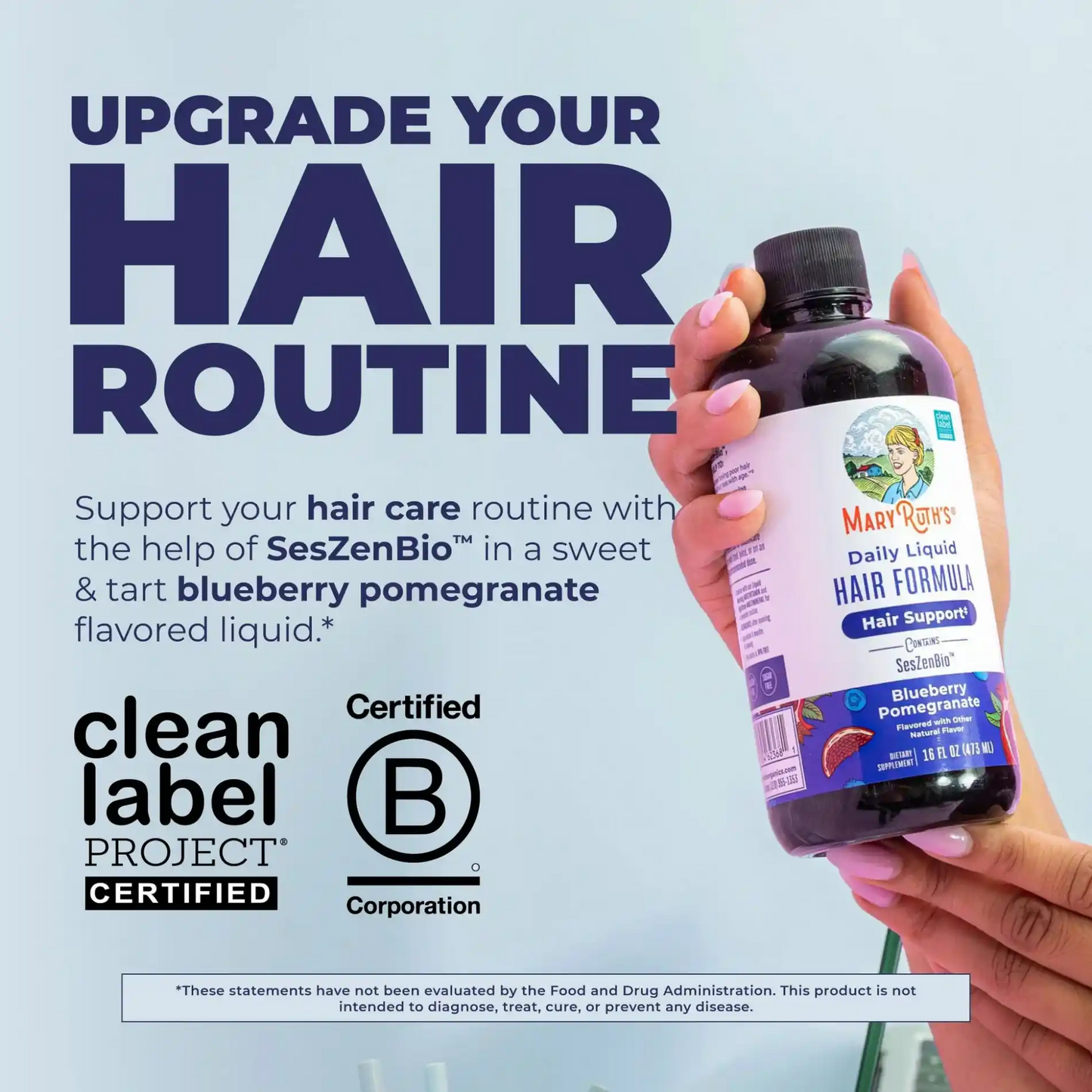 MaryRuth's Daily Liquid Hair Formula | Biotin + Vitamin C | Thicker, Stronger Hair, Skin & Nail Health | 16 FL Oz | Blueberry Pomegranate