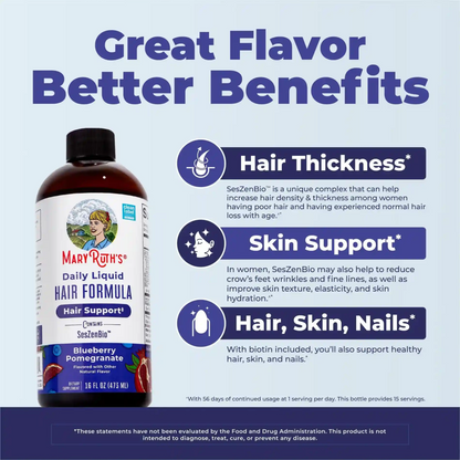 MaryRuth's Daily Liquid Hair Formula | Biotin + Vitamin C | Thicker, Stronger Hair, Skin & Nail Health | 16 FL Oz | Blueberry Pomegranate