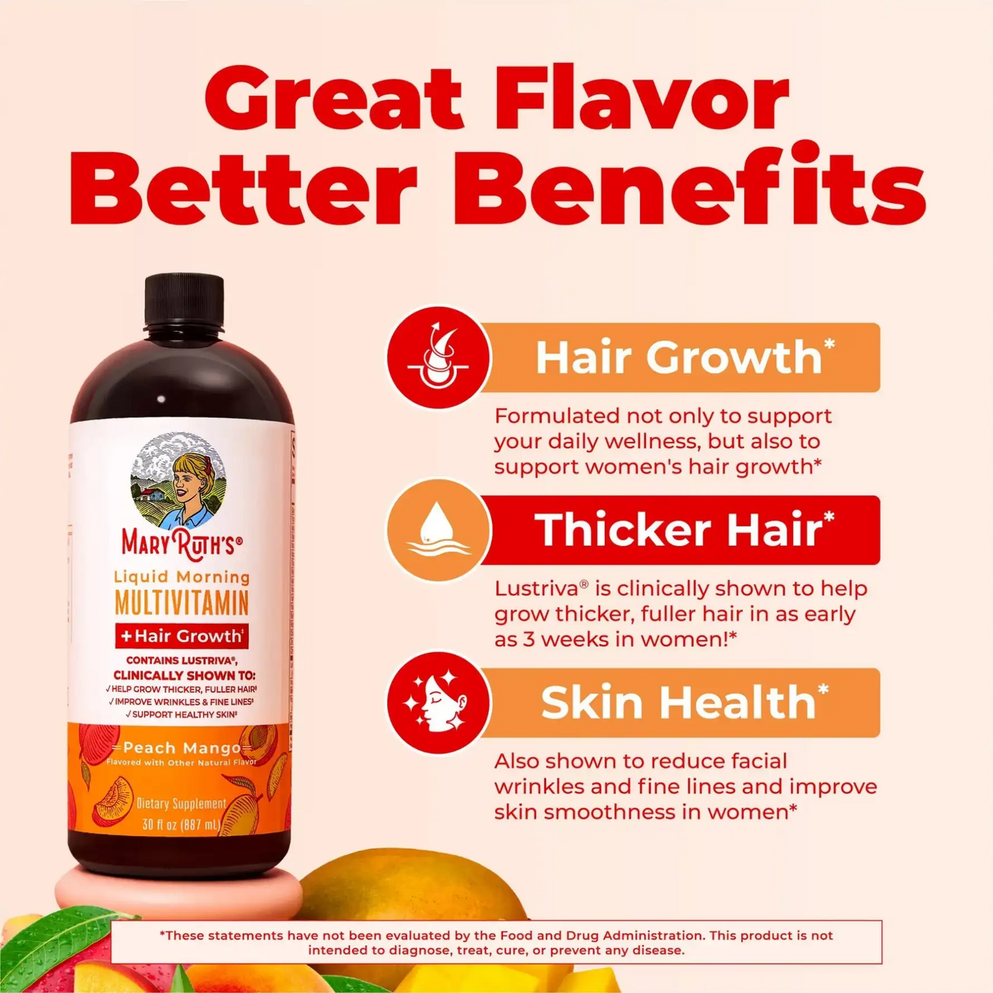 MaryRuth's Liquid Multivitamin + Hair Growth | Biotin 10000mcg | Clinically Tested for Thicker Hair & Wrinkles | Lustriva Hair Supplement | Skin & Hair Care for Women | 30 FL Oz