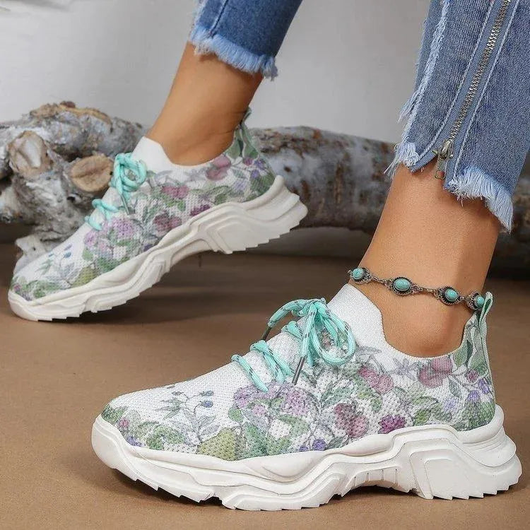 Floral Print Lace-up Breathable Orthopedic Sneakers